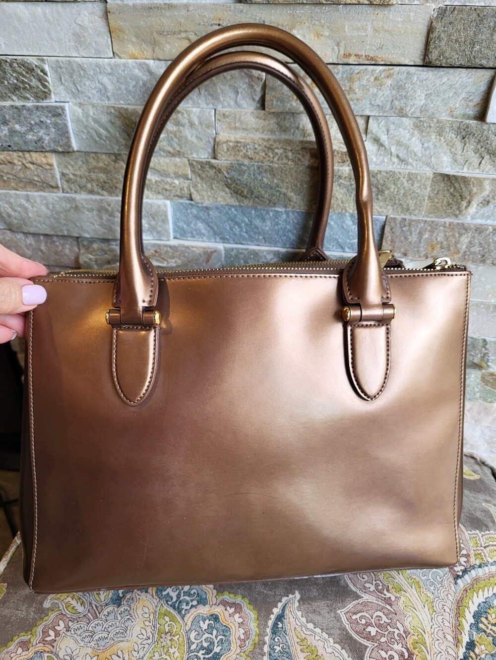Lauren Ralph Lauren - Newbury Double Zip Metallic Bronze Leather Satchel